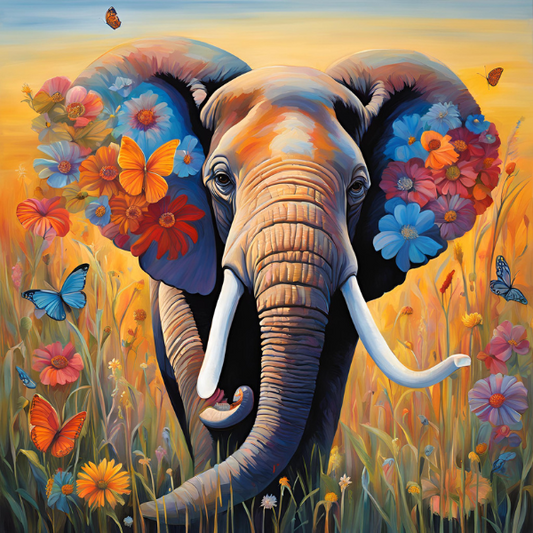 Elephant in the field - colourful butterflies & flowers (1)